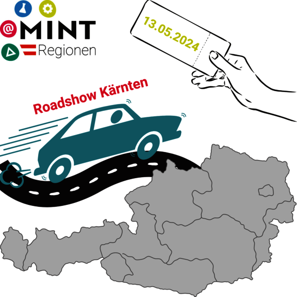 Eine Österreich-Karte, ein Auto und eine Straße mit der Aufschrift "Roadshow Kärnten, Datum 13-14.Mai 2024"
